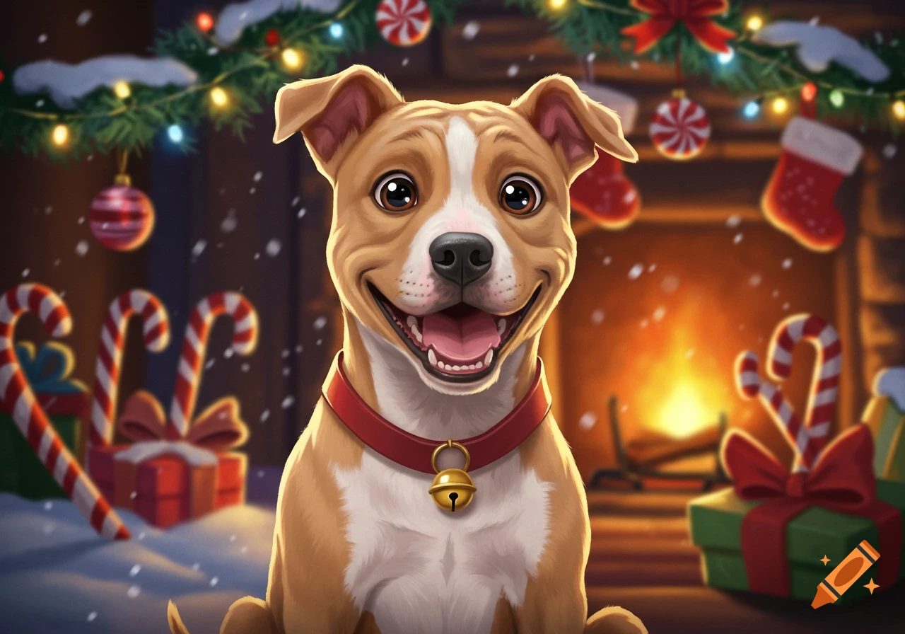 A happy tan and white American Staffy dog with a bell collar in a Disney-style Christmas scene with a fireplace and decorations.