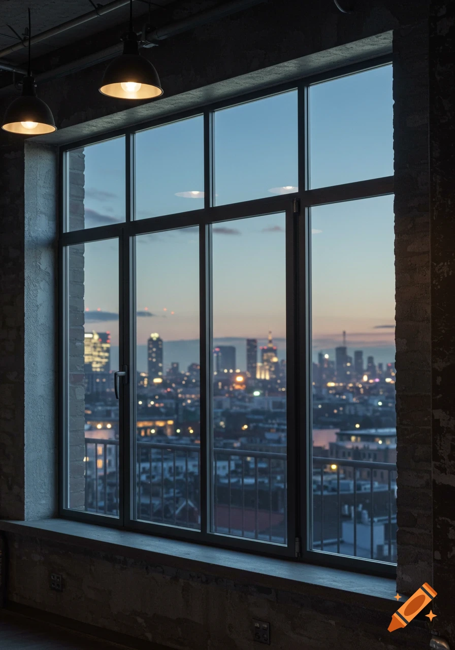 A large window in a dimly lit industrial-style room overlooks a city skyline at dusk with twinkling lights.