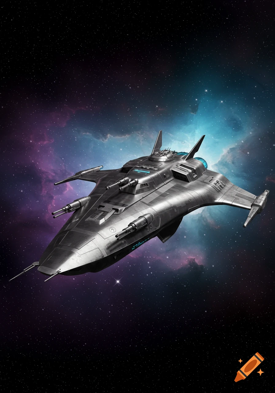 A sleek, silver futuristic spaceship with multiple cannons flies through a vibrant galaxy with purple and blue nebulae and stars.