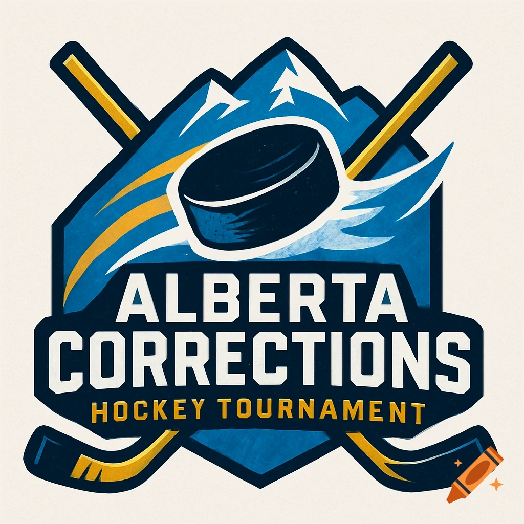 A blue and yellow logo for the Alberta Corrections Hockey Tournament, featuring mountains, crossed hockey sticks, and a flying puck.