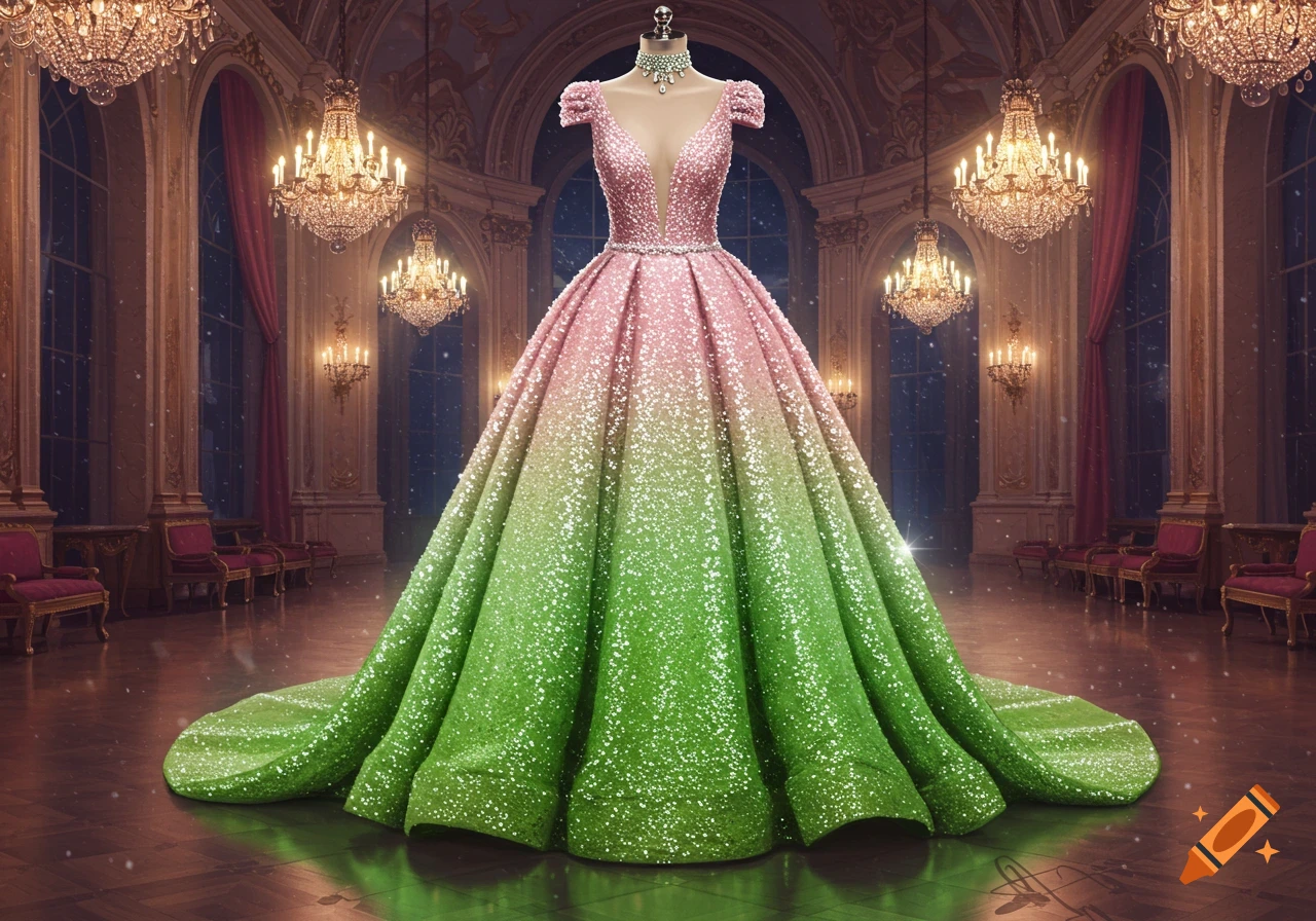 A glittering ombre gown, fading from pink to green, displayed on a mannequin in a grand ballroom with chandeliers.