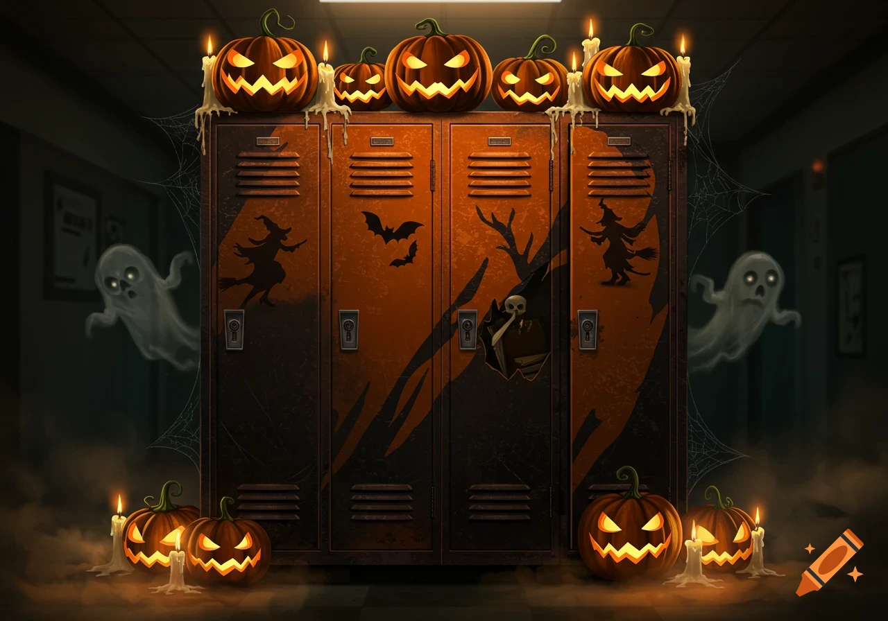 A dark, spooky high school hallway decorated for Halloween, with glowing jack-o'-lanterns, candles, spiderwebs, ghosts, and bat and witch decals on lockers.