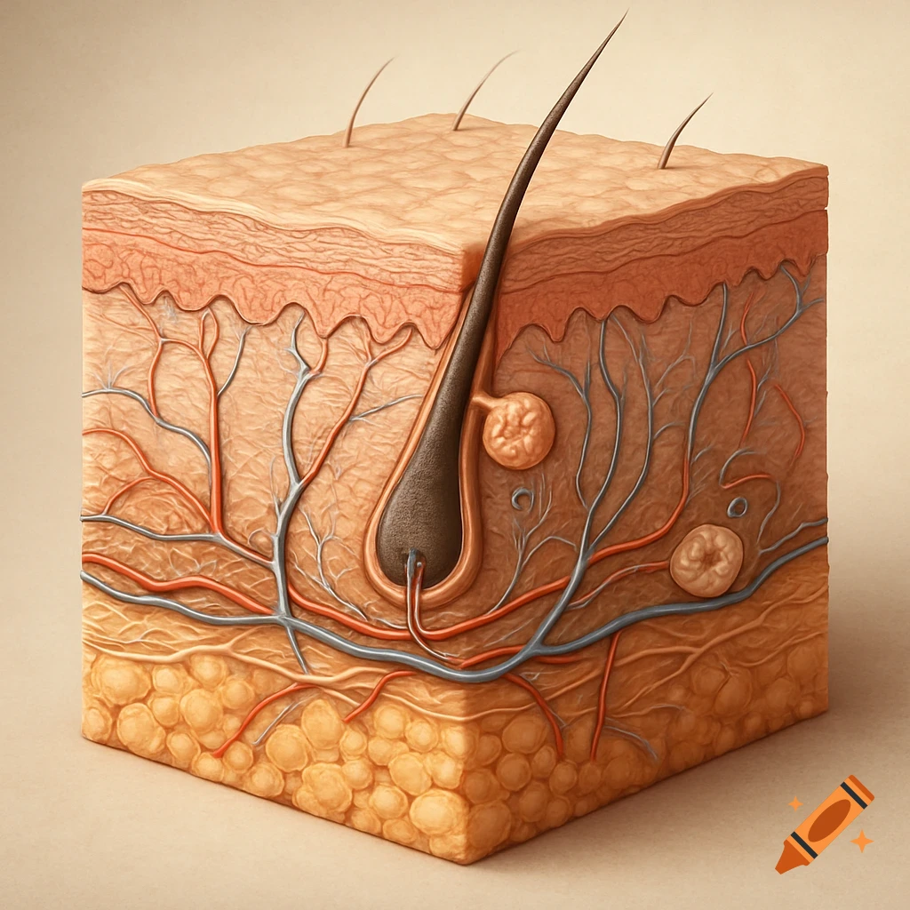 A detailed 3D cross-section illustration of human skin, showing layers, hair follicle, blood vessels, and fatty tissue.