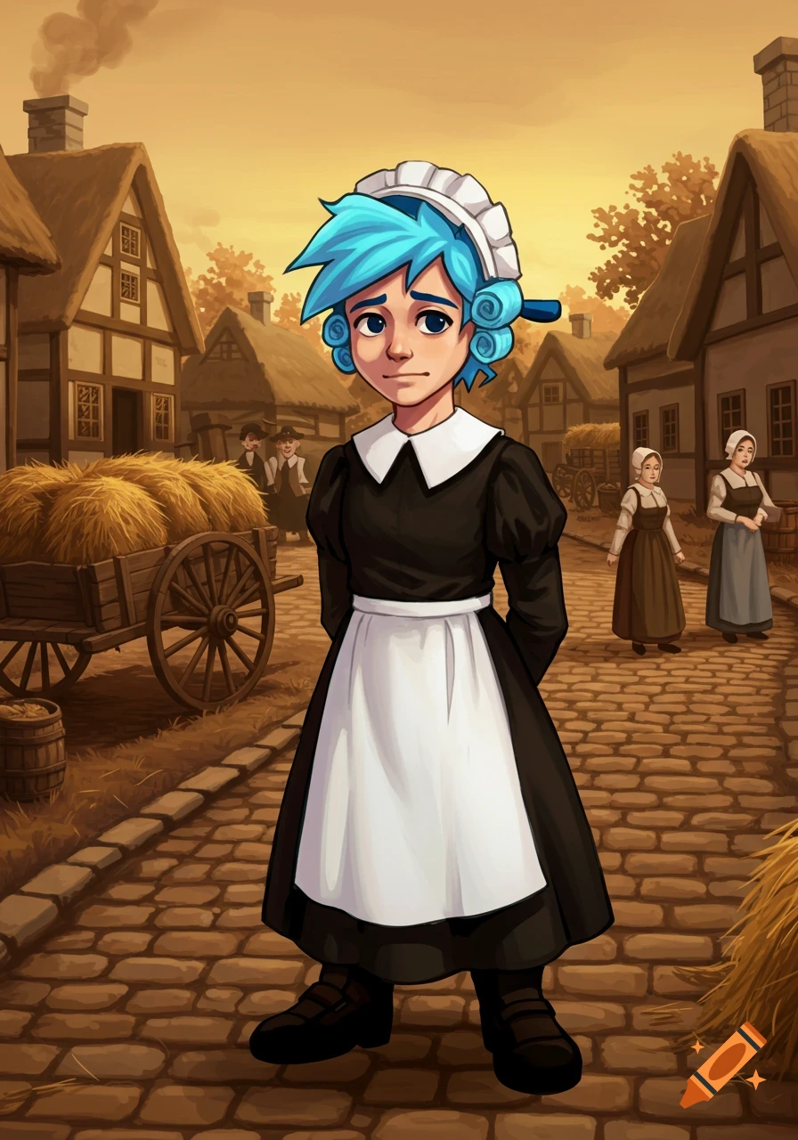 Boyfriend from Friday Night Funkin' in a Puritan milkmaid dress with a white coif and apron, in a cartoon village street.