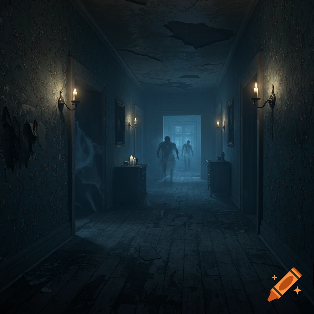 A dark, eerie hallway with two ghostly figures approaching from the mist, lit by candles and a distant doorway, in a horror game style.