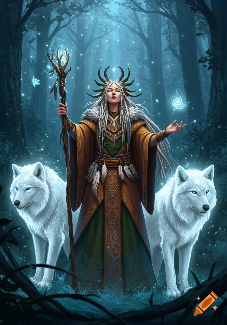 A white-haired female shaman with antlered headwear holds a staff, casting magic in a mystical blue forest with two white wolves. Digital fantasy art.