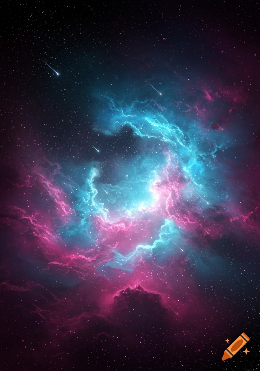 A vibrant cosmic nebula in pink and turquoise, filled with stars and shooting meteors.