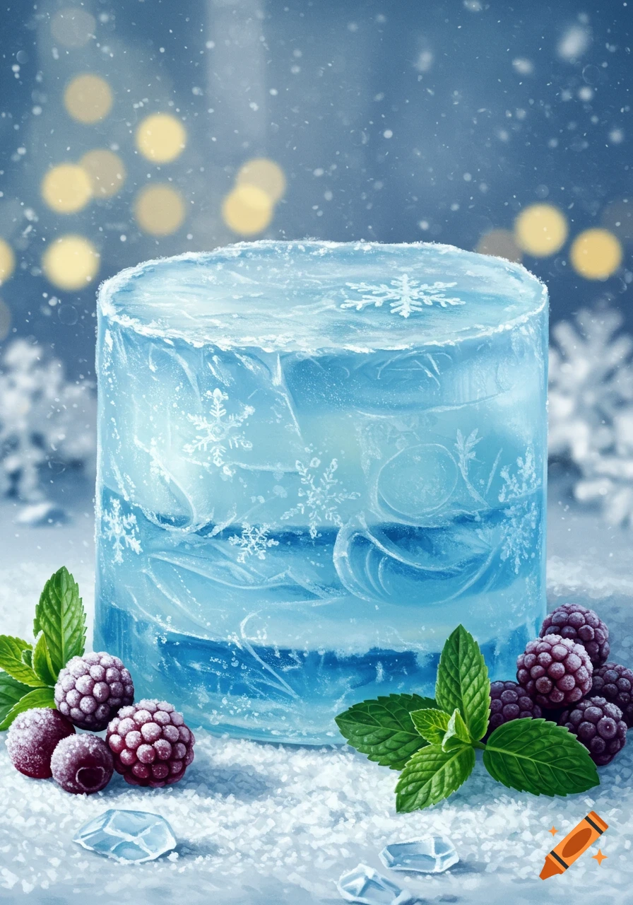 A cylindrical ice block decorated with snowflakes, surrounded by frosted berries and mint on a snowy surface with bokeh lights.