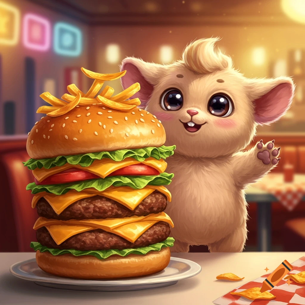 A cute, furry, big-eyed creature waves next to a huge double cheeseburger topped with fries in a colorful diner.