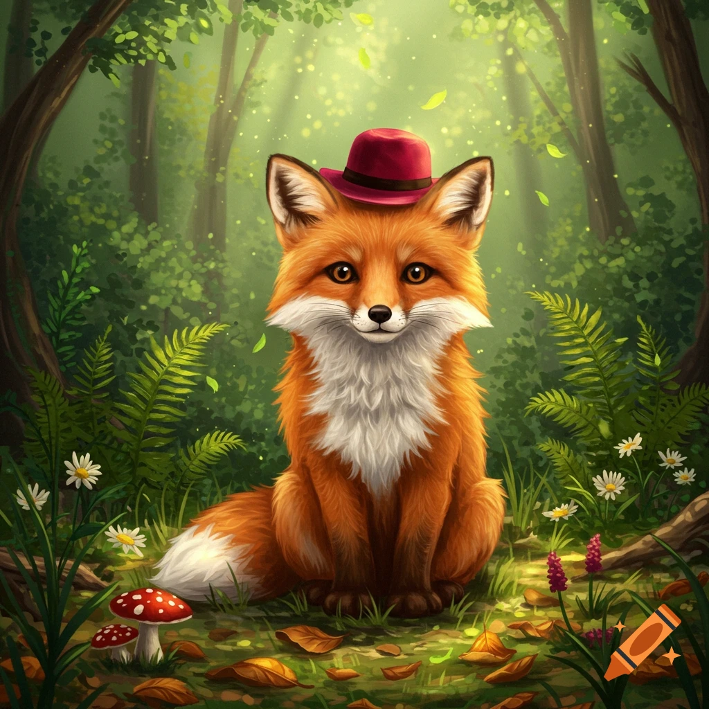 A cute, cartoon-style red fox wearing a red hat, sitting in a vibrant, lush green forest with dappled sunlight.