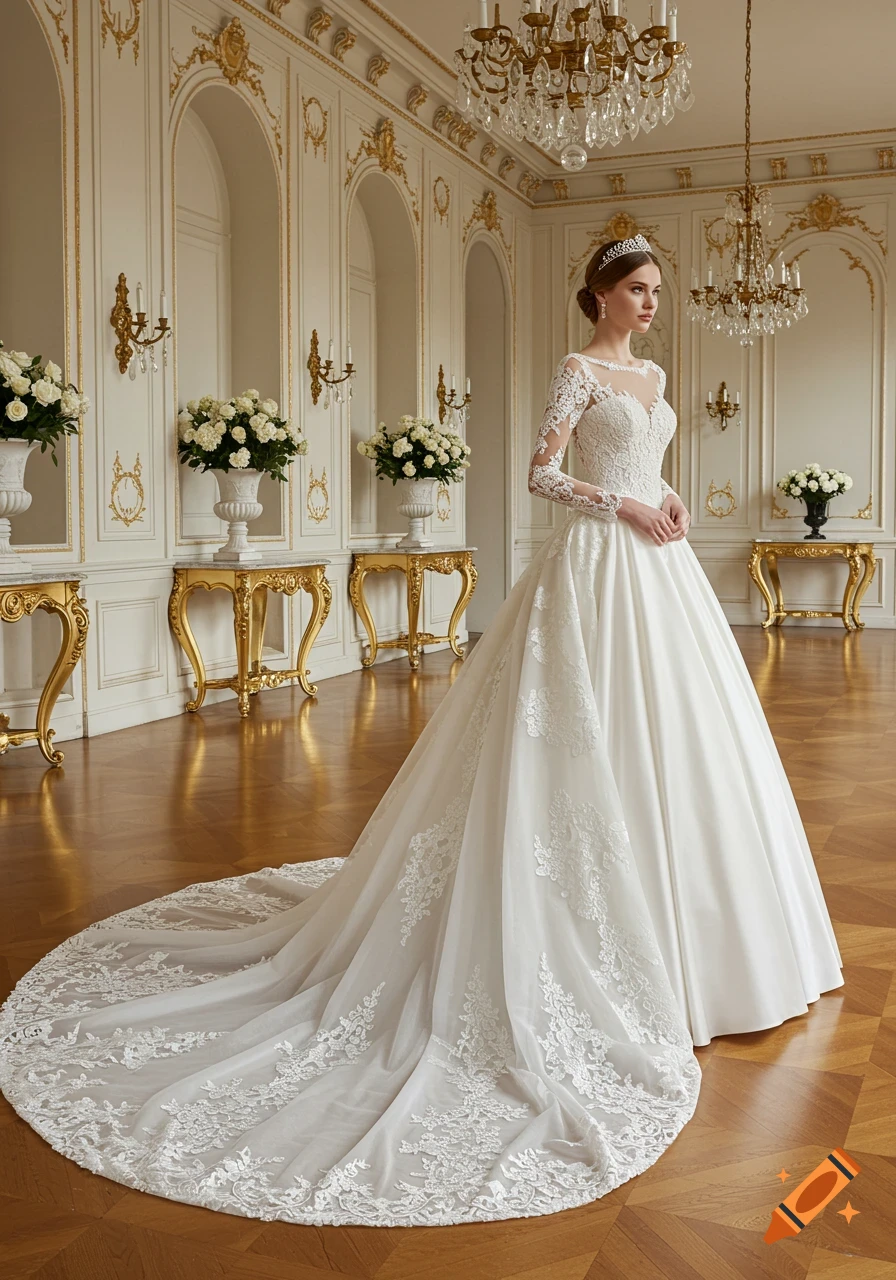A woman in a white, long-sleeved lace and satin wedding gown with a long train stands in an ornate ballroom with golden accents.