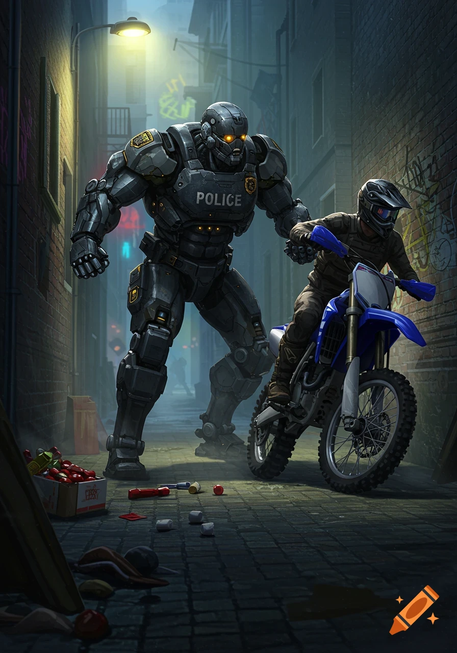 A futuristic police robot with glowing eyes confronts a dirt biker in a dark, urban alley with scattered items on the ground.