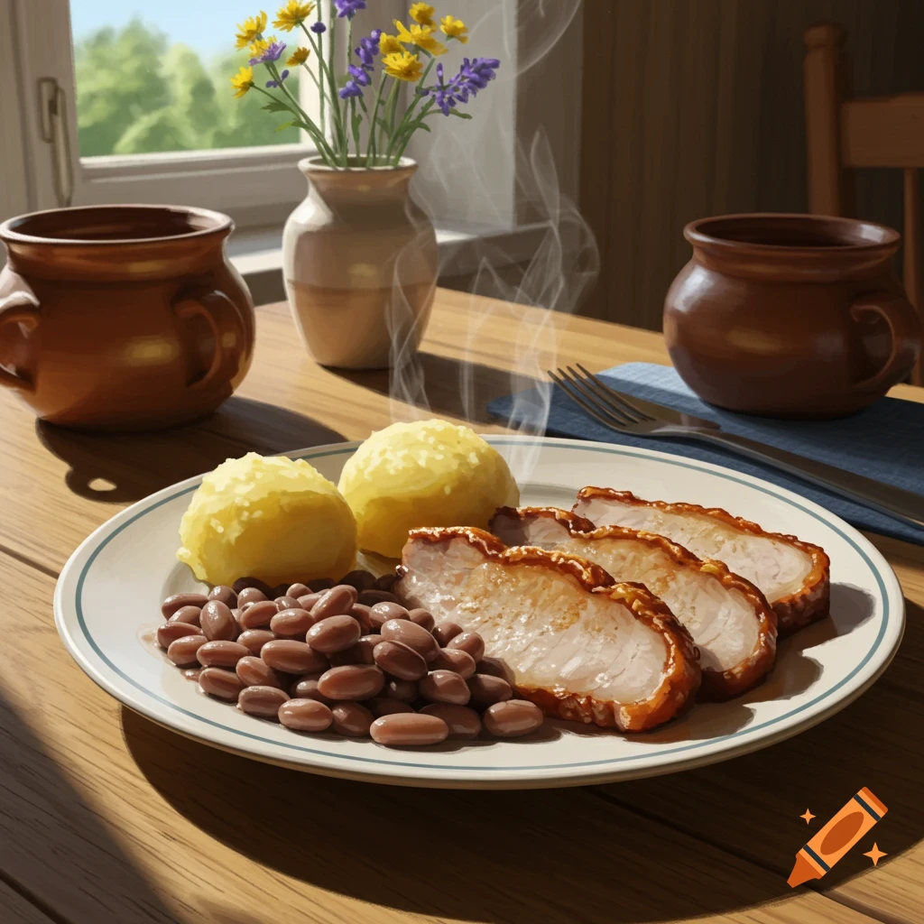 A plate of fried pork, mashed potatoes, and brown beans with steam rising, on a wooden table with flowers and pottery.