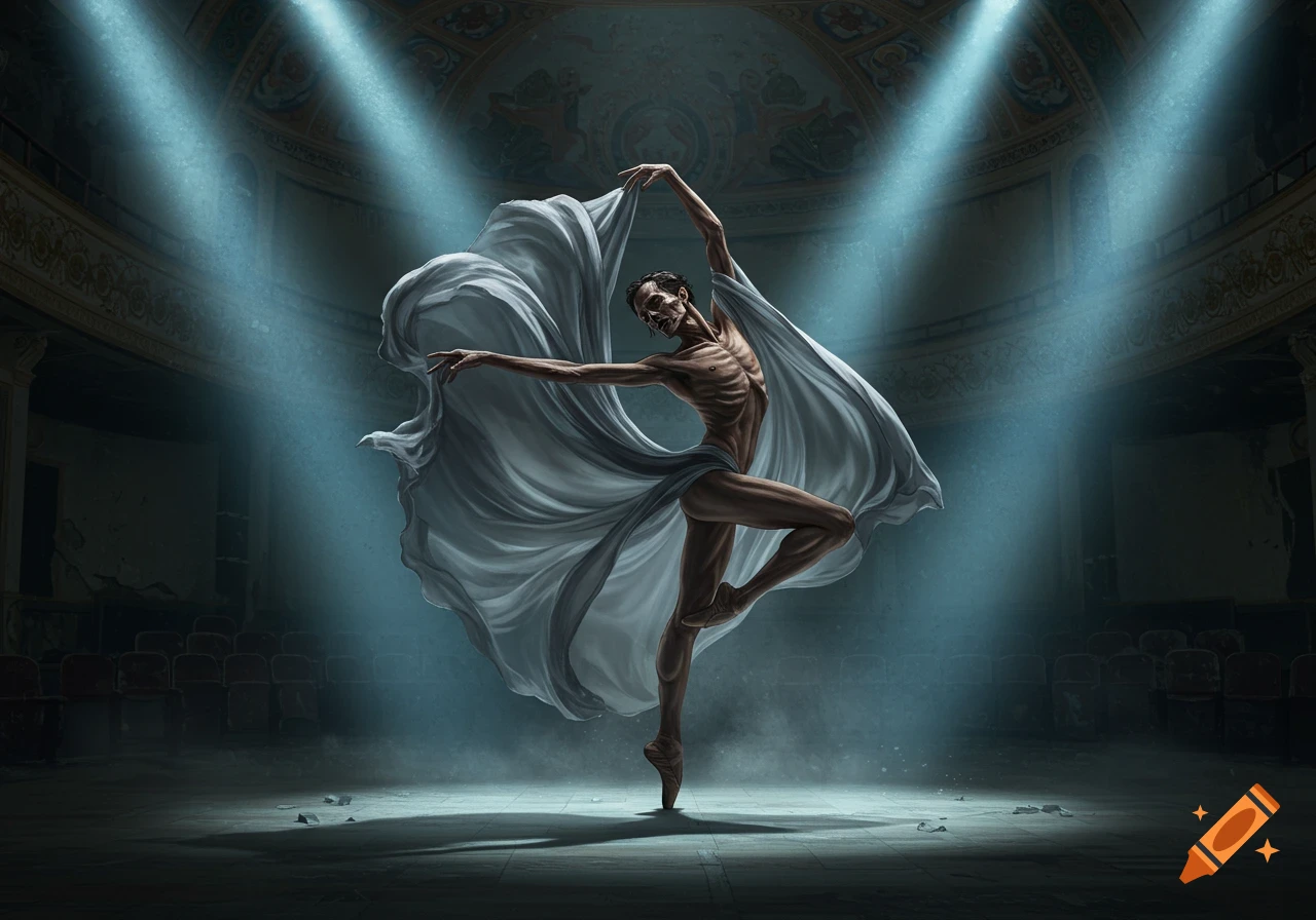 An emaciated male ballet dancer performs on a dilapidated stage under spotlights, draped in white fabric, in a dark art style.