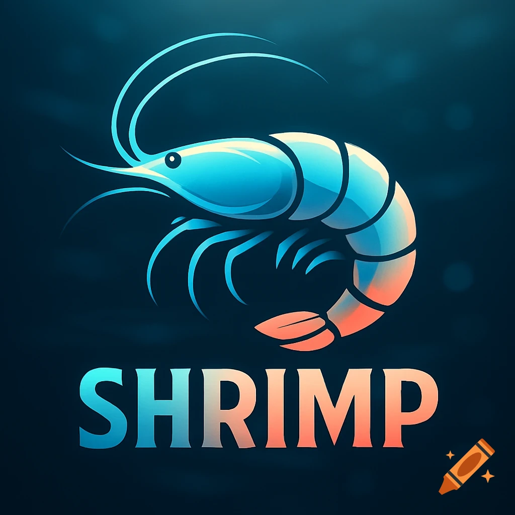 A vibrant blue and orange gradient shrimp logotype with the word "SHRIMP" below it on a dark blue background.