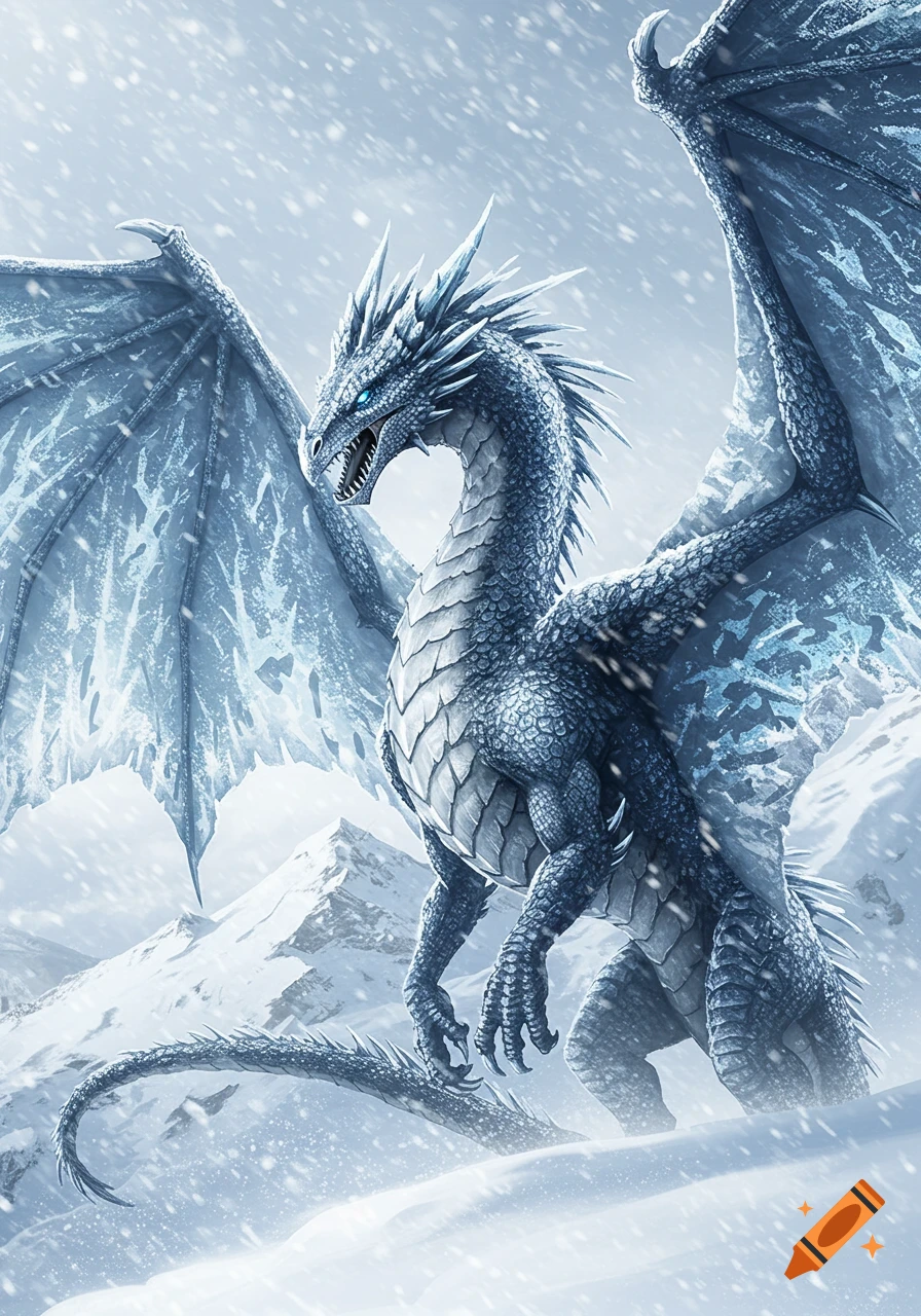 A majestic ice dragon with icy blue eyes and spiky scales stands in a snowy mountain landscape with falling snow. Digital painting.