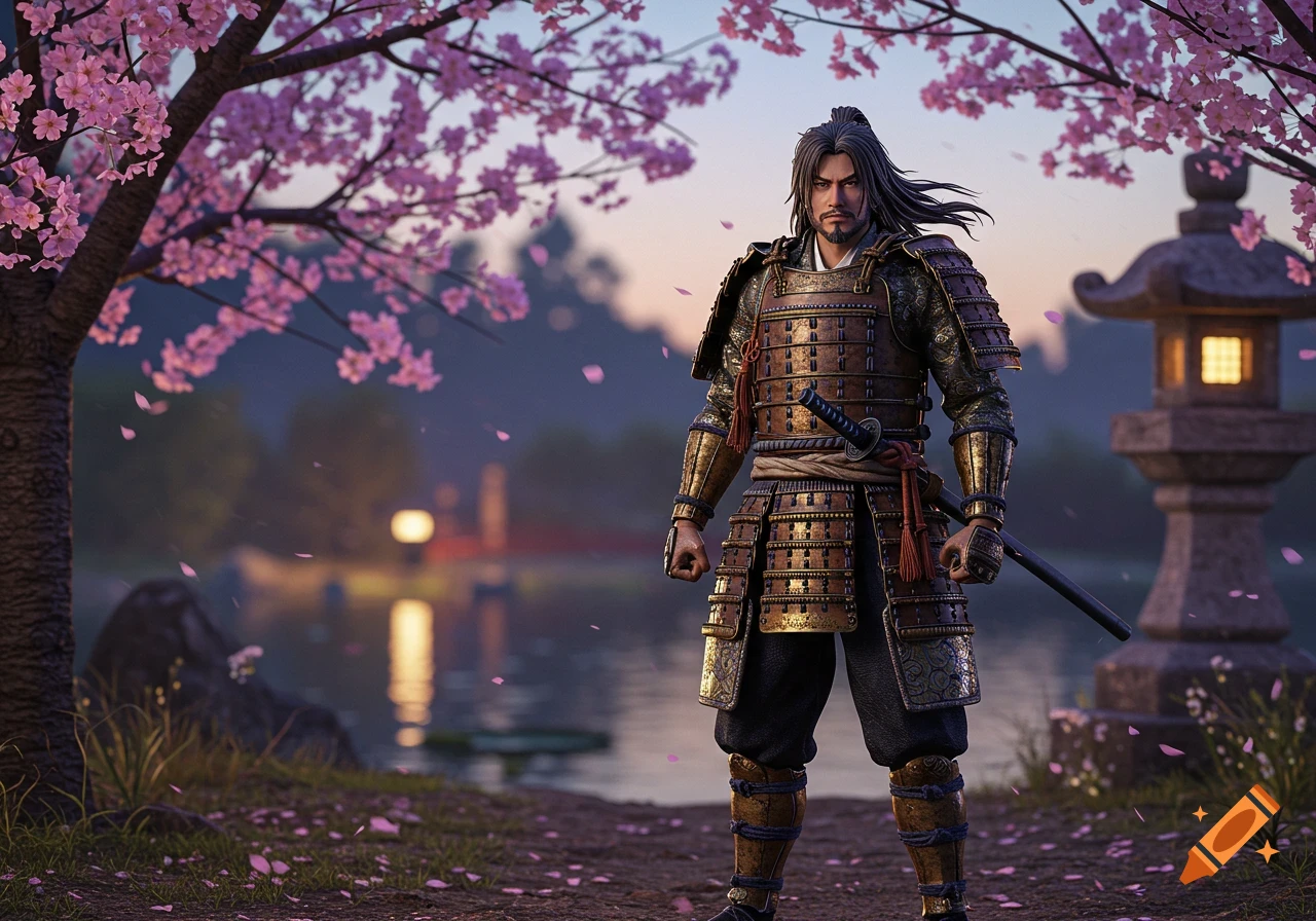 A formidable samurai in armor stands under pink cherry blossom trees by a serene lake with a stone lantern.