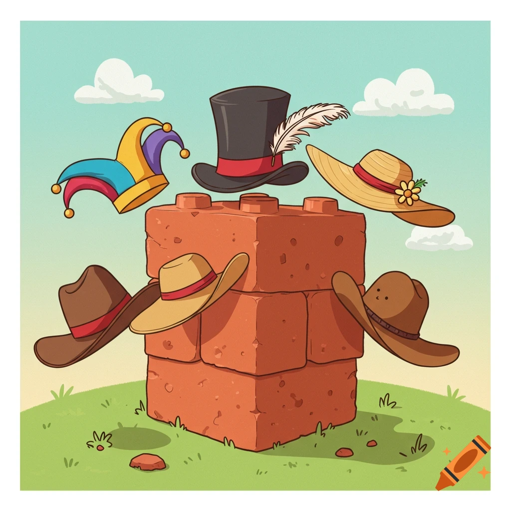 Cartoon image of a stack of red brick-like blocks with various hats (top hat, jester, straw, cowboy) arranged around it on grass under a blue sky.