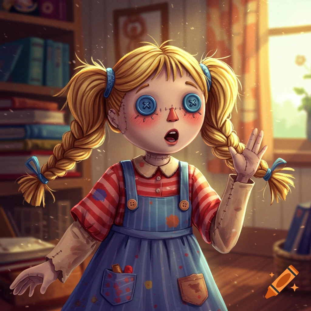 A surprised rag doll with blonde pigtails and button eyes in blue overalls, standing in a cozy room. Digital art.