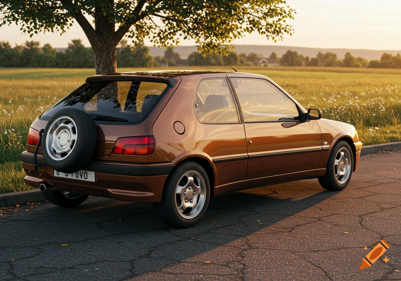 A brown Peugeot 206 hatchback with a spare wheel on its back, parked on a road next to a sunny field with a tree.
