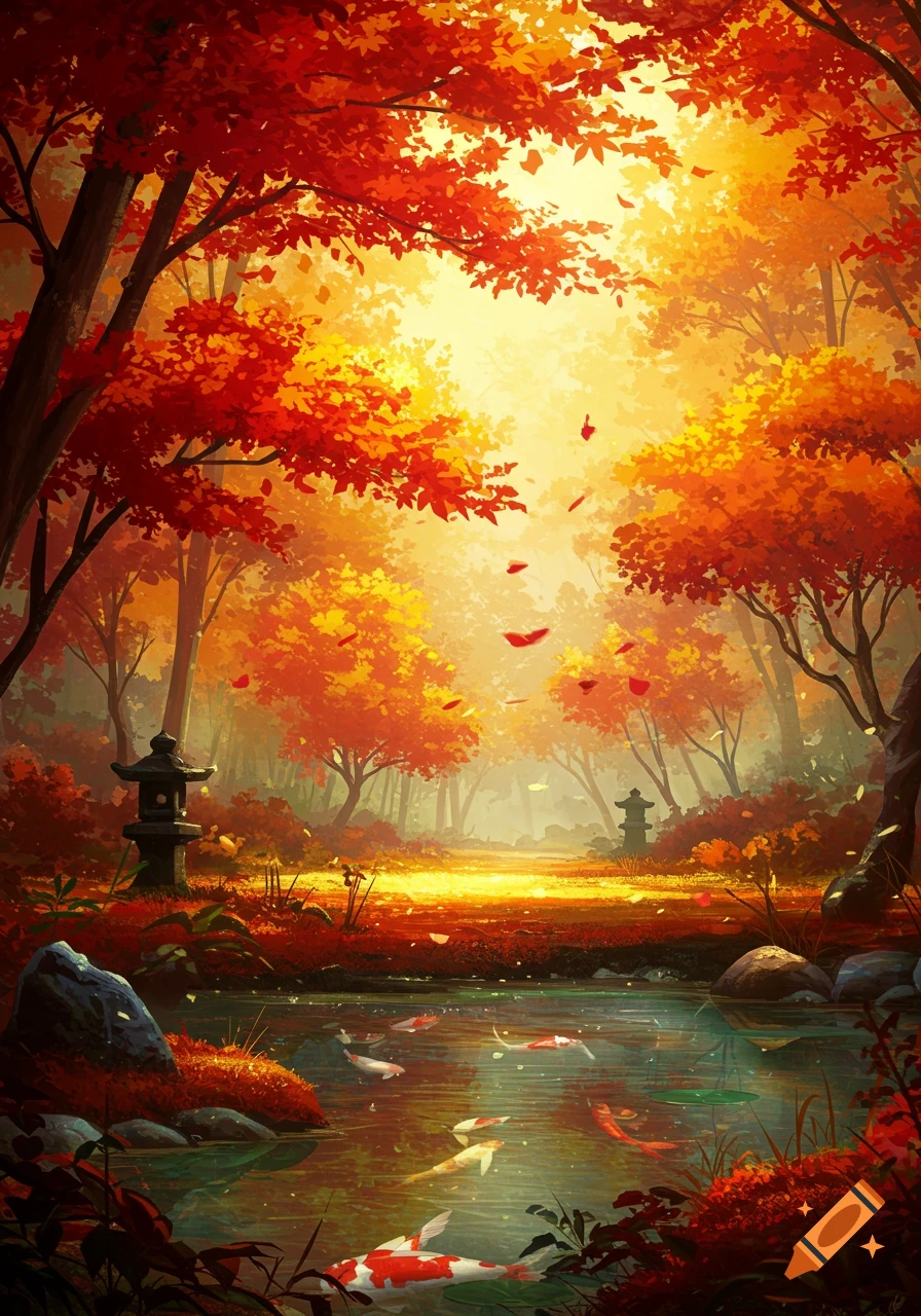 Vibrant Japanese autumn forest with red and orange trees, a serene pond with swimming koi fish, and stone lanterns.