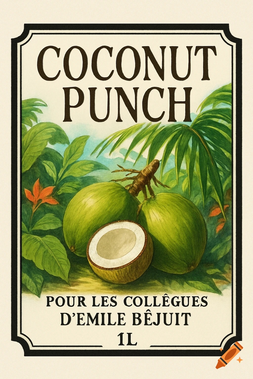 A vintage-style label for 'Coconut Punch' with two whole green coconuts, one cut open, and tropical leaves.
