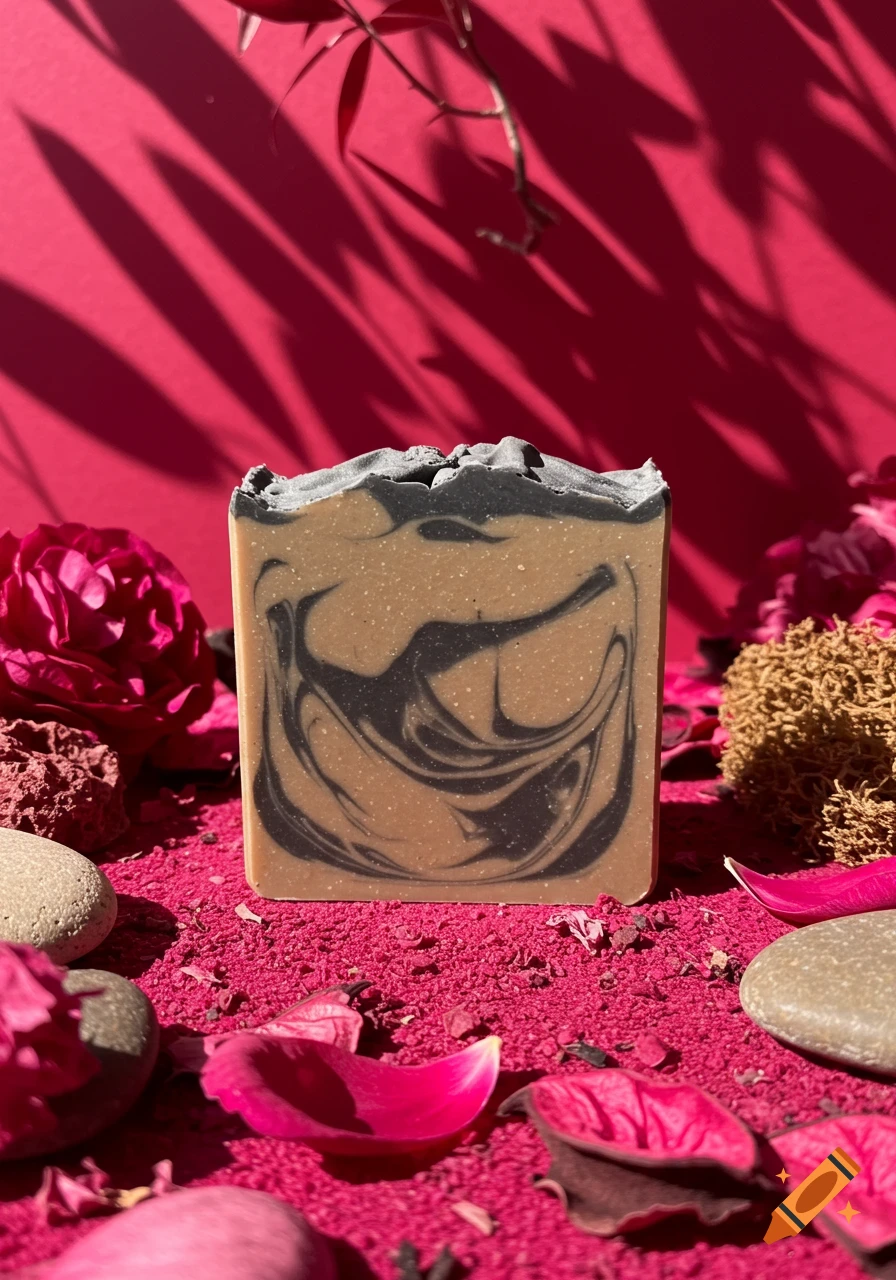 An artisan activated charcoal and beige marbled soap bar on a bed of fuchsia powder and petals, surrounded by natural elements.