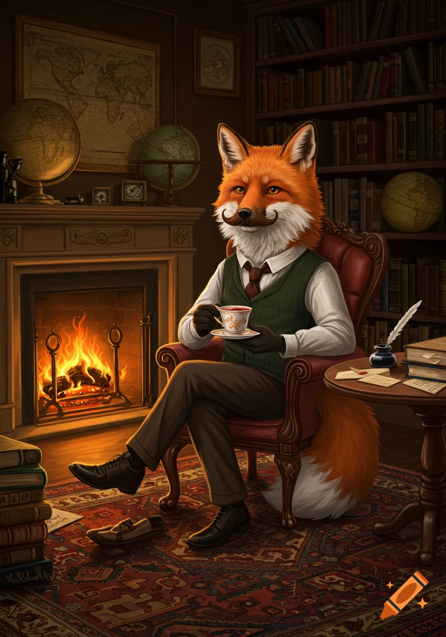 An anthropomorphic fox with a mustache in a vest and tie sits in a red armchair by a fireplace, holding a teacup in a cozy library.