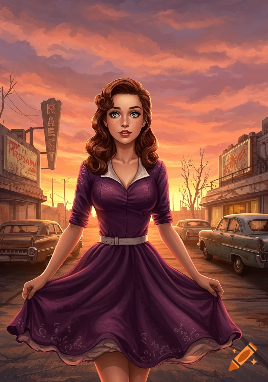 A young woman in a purple 1950s-style dress with brown hair and blue eyes stands in a desolate street at sunset, Fallout style.
