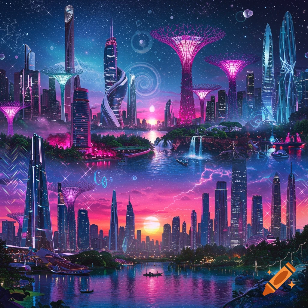 A vibrant, futuristic cityscape at sunset with illuminated skyscrapers, glowing tree-like structures, and a river under a starry sky.