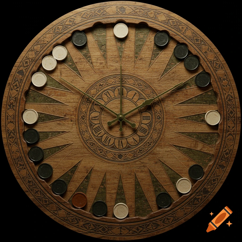A vintage circular wooden backgammon board repurposed as a clock face, featuring Roman numerals, ornate carvings, and game pieces.