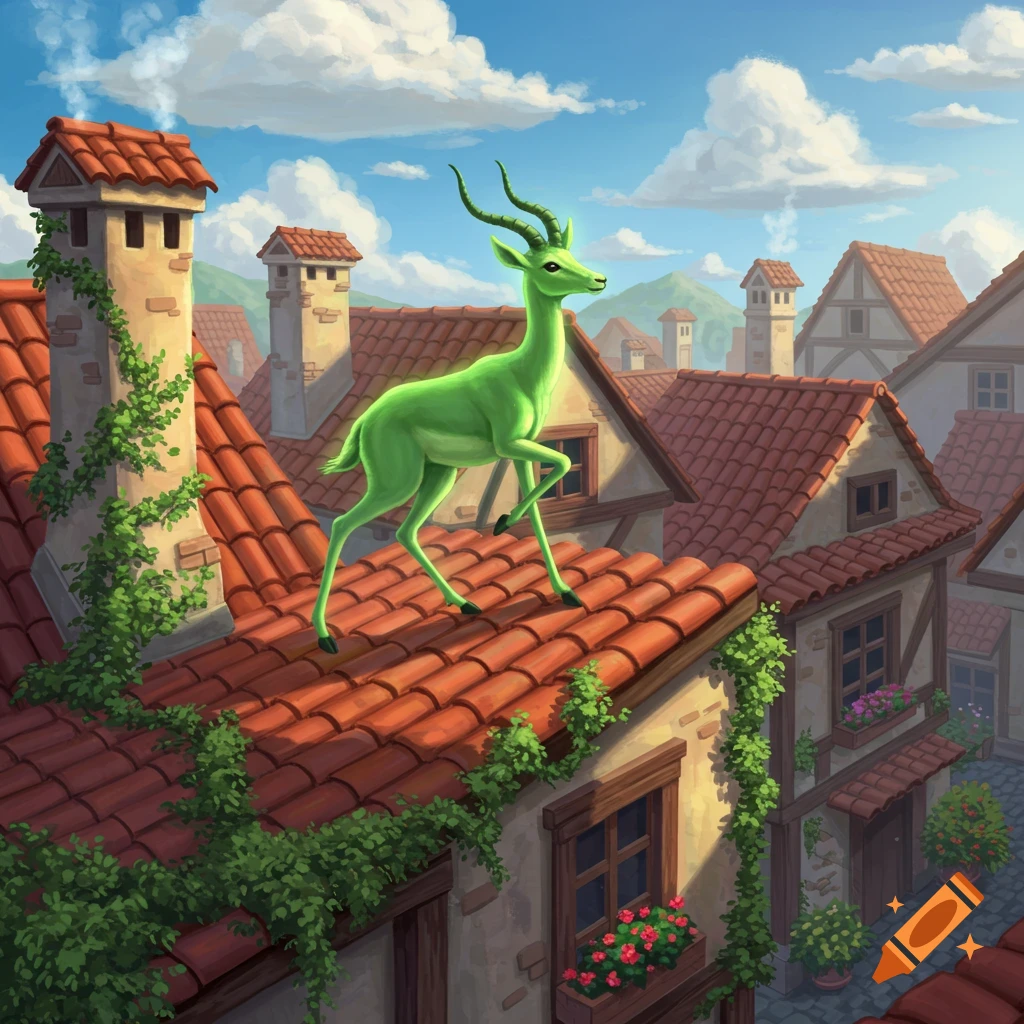 A vibrant green gazelle walks across the red-tiled rooftop of a house in a charming, European-style village under a blue sky.