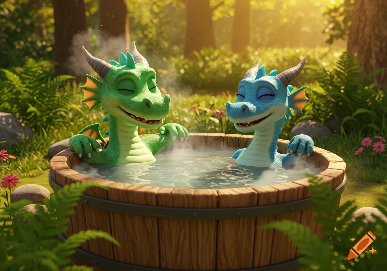 Two happy, cartoon 3D animated dragons, one green and one blue, relax in a wooden hot tub in a sunny forest.
