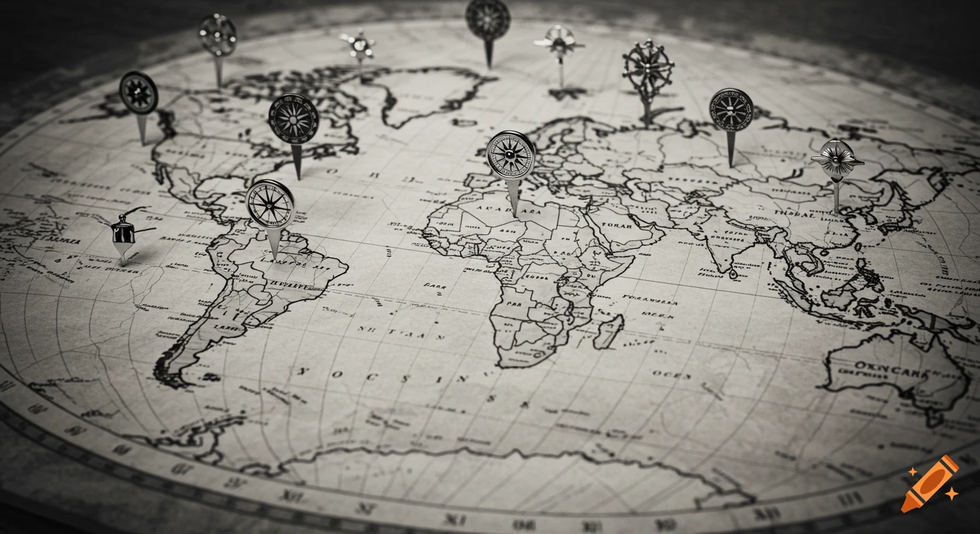 A black and white vintage world map with multiple compass-rose-shaped pins marking locations.