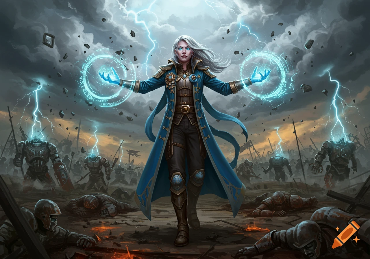 A powerful female mage with white hair casts glowing blue magic on a stormy battlefield with fallen warriors and lightning.