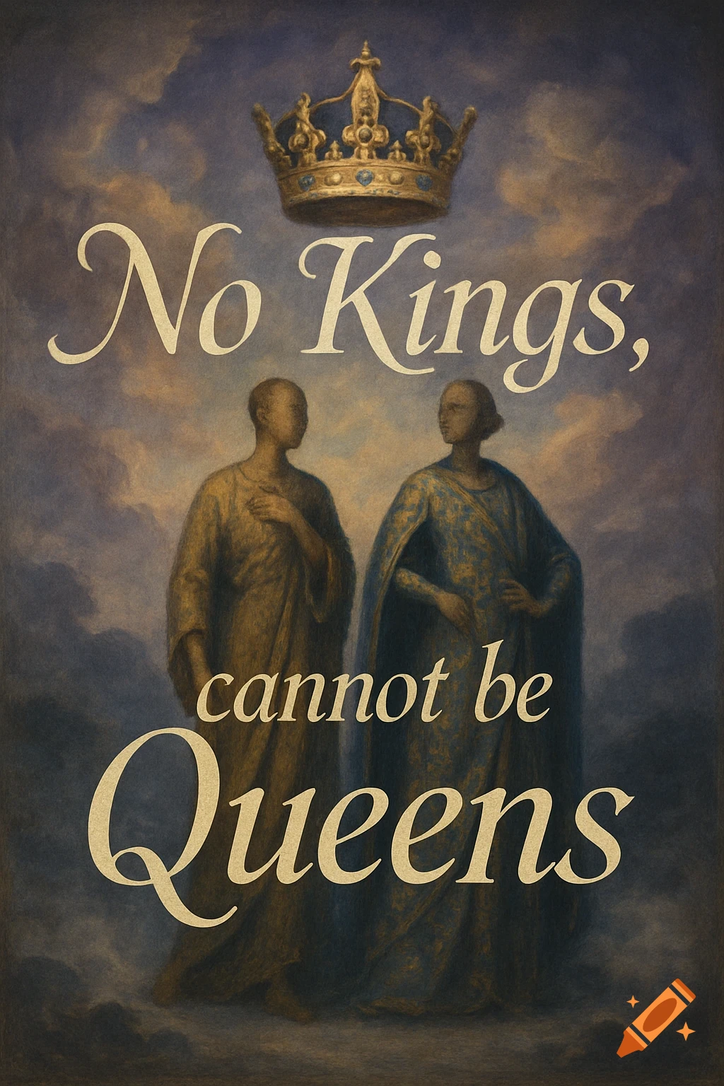 A classical style painting featuring two draped figures under a golden crown and the text 'No Kings, cannot be Queens'.