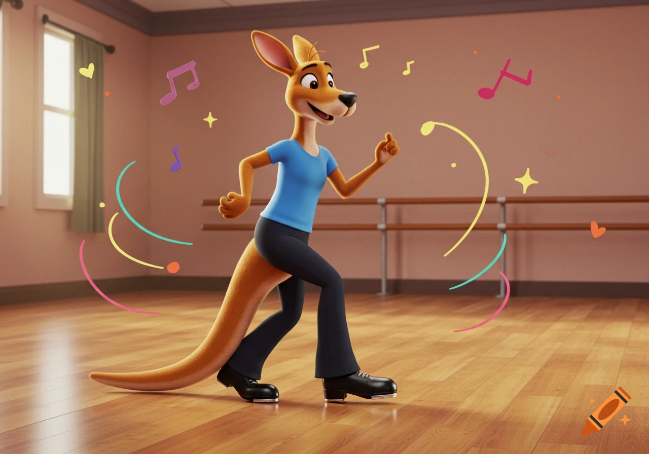 A friendly cartoon anthropomorphic kangaroo tap dancing in a blue t-shirt, black pants, and black tap shoes in a dance studio.