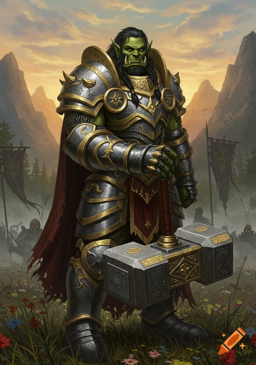 A powerful green-skinned Orc Paladin in ornate silver and gold armor holds a large warhammer, standing in a field with a battle in the mountainous background.