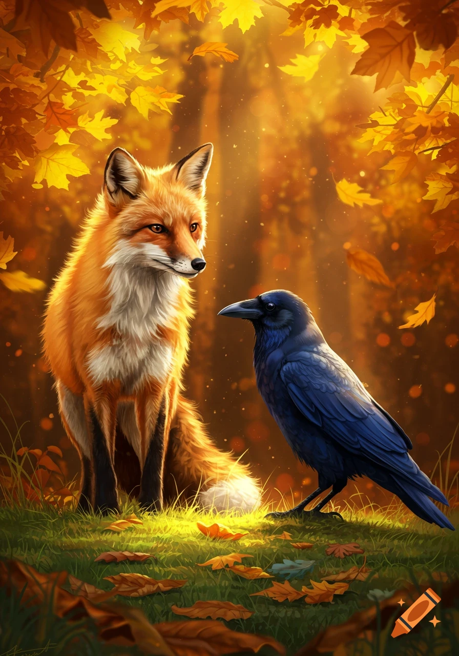A red fox sits next to a black raven in a sunlit autumn forest with golden leaves scattered on the grass.