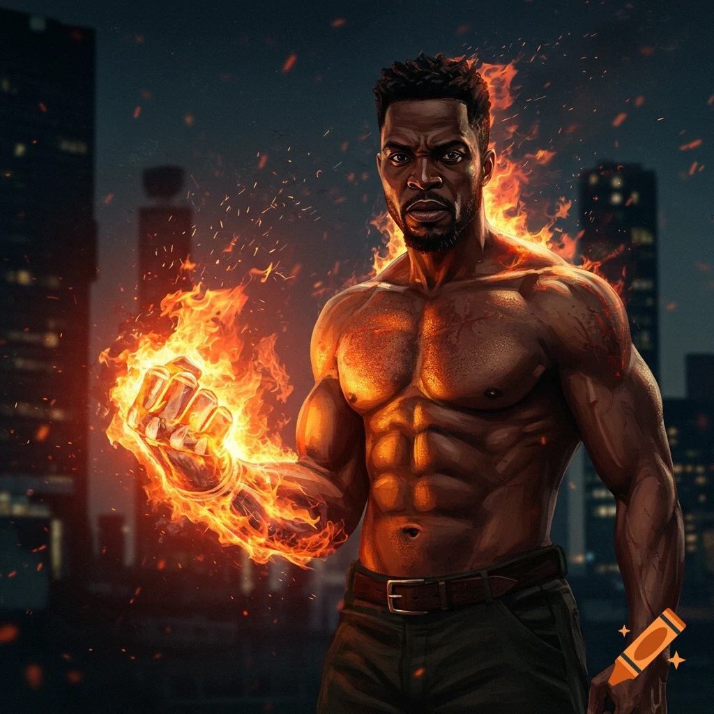 A muscular man with fiery fists stands in a dark city street at night, looking intense.