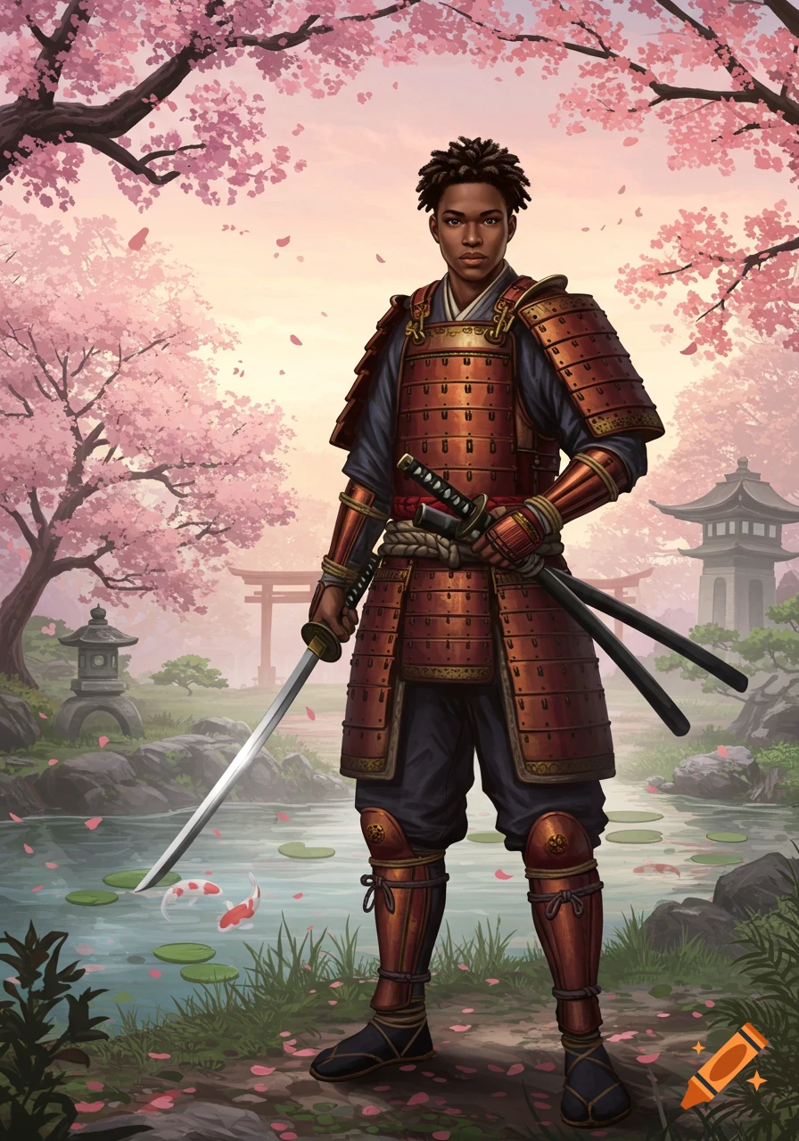 A young samurai stands with a katana in a vibrant Japanese garden under pink cherry blossoms, digital illustration.