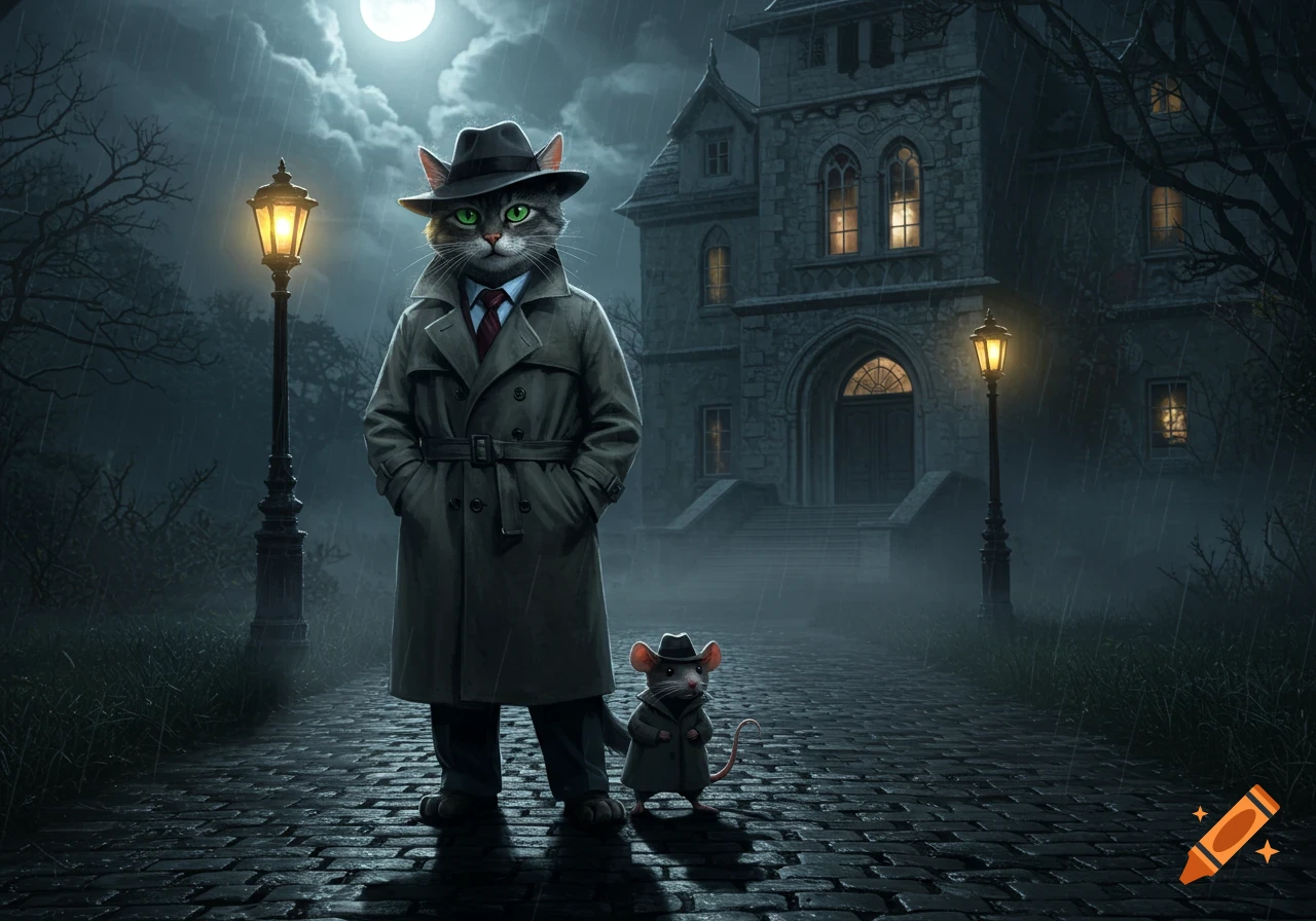 A detective cat and his assistant mouse stand in trench coats and fedoras outside a mysterious, gothic mansion on a rainy, moonlit night in a noir style.