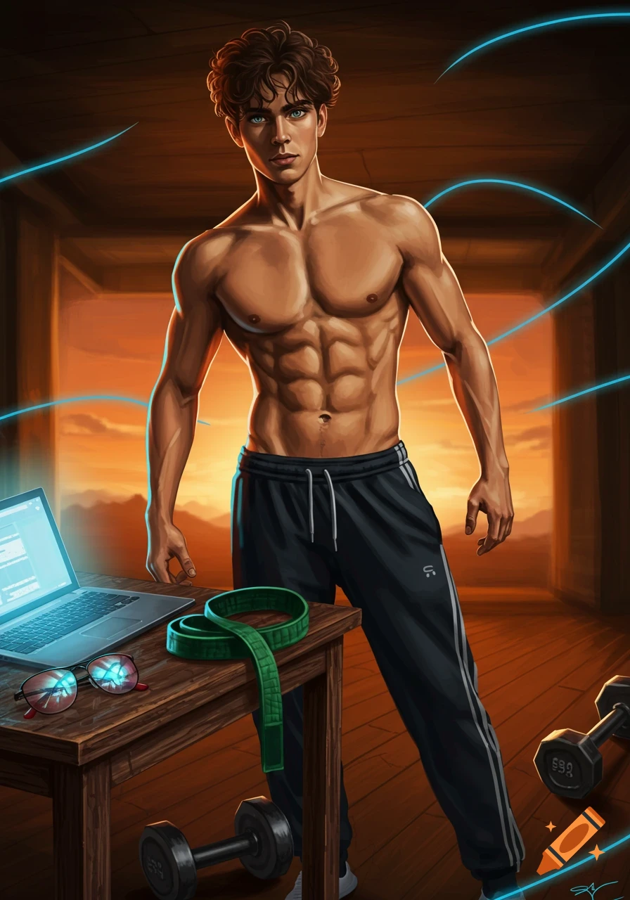 Muscular man with curly hair stands shirtless in sweatpants by a table with a laptop, sunglasses, green karate belt, and dumbbells.