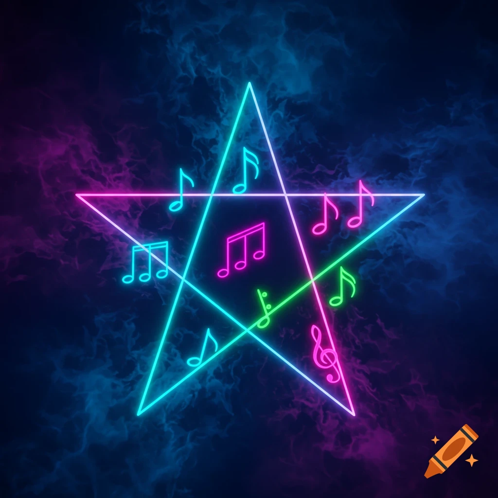 Colorful neon musical notes glowing inside a pentagram on a dark, smoky background.