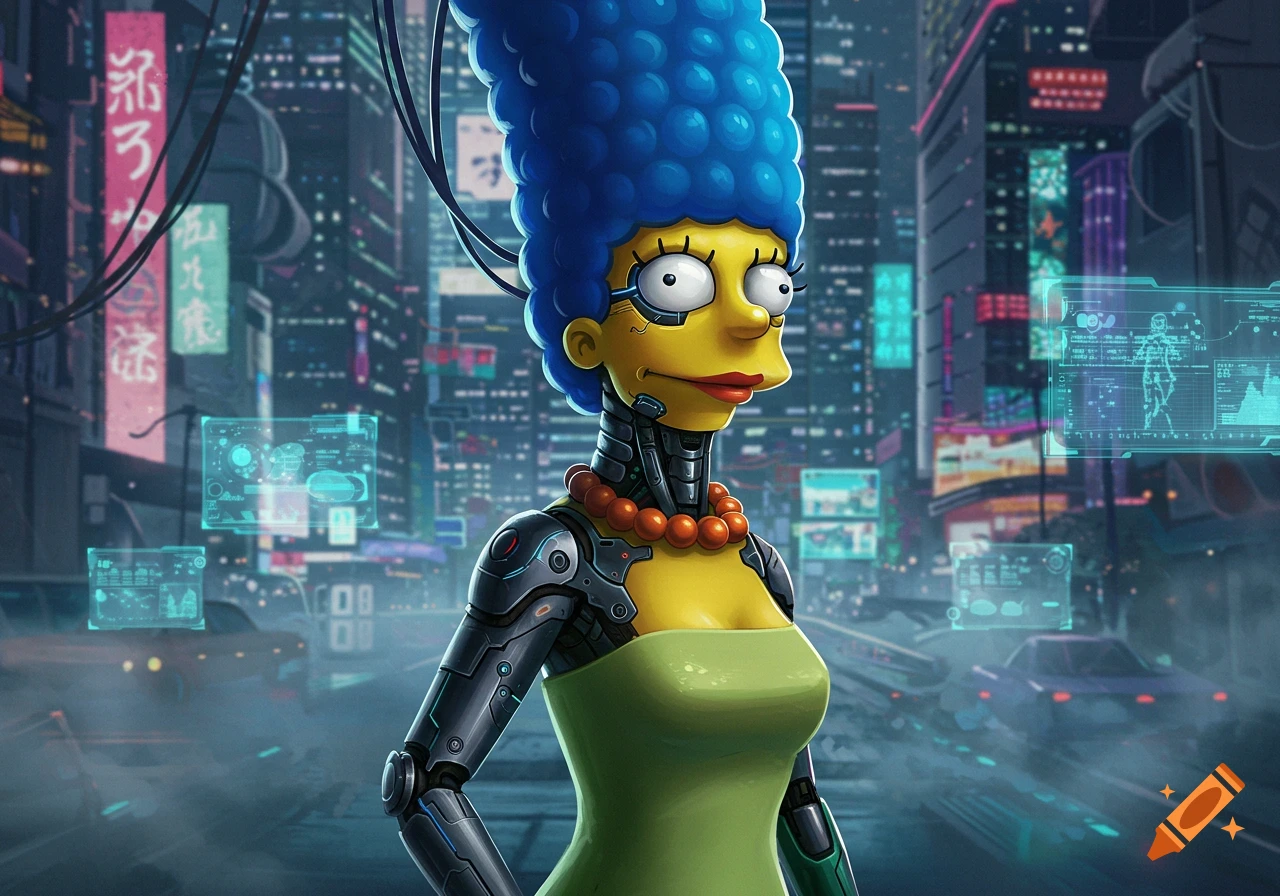 A cyberpunk Marge Simpson with blue hair and robotic arms and neck, wearing a green dress and orange necklace, in a neon-lit futuristic city.