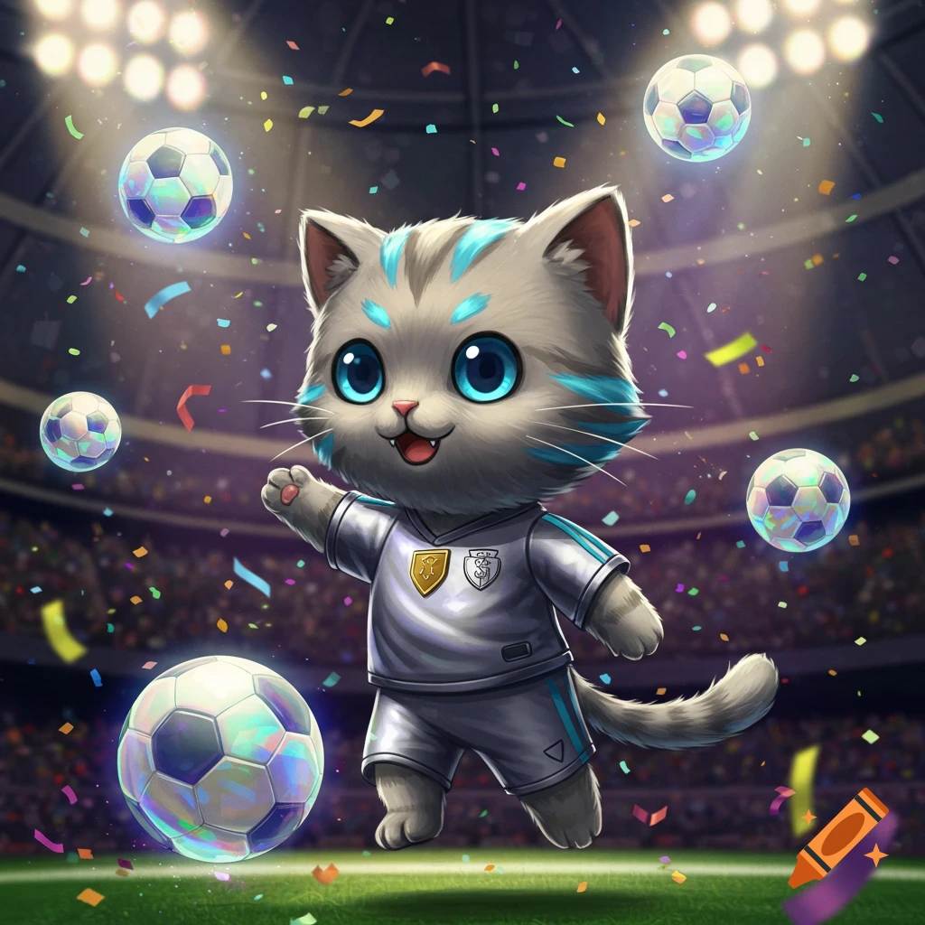 A cute cartoon cat in a soccer uniform on a stadium field, surrounded by soccer balls and confetti.