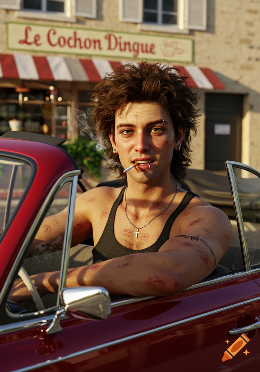 A photorealistic portrait of a young man with messy brown hair and green eyes, smoking a cigarette while sitting in a red convertible. A sign for "Le Cochon Dingue" is visible in the background.