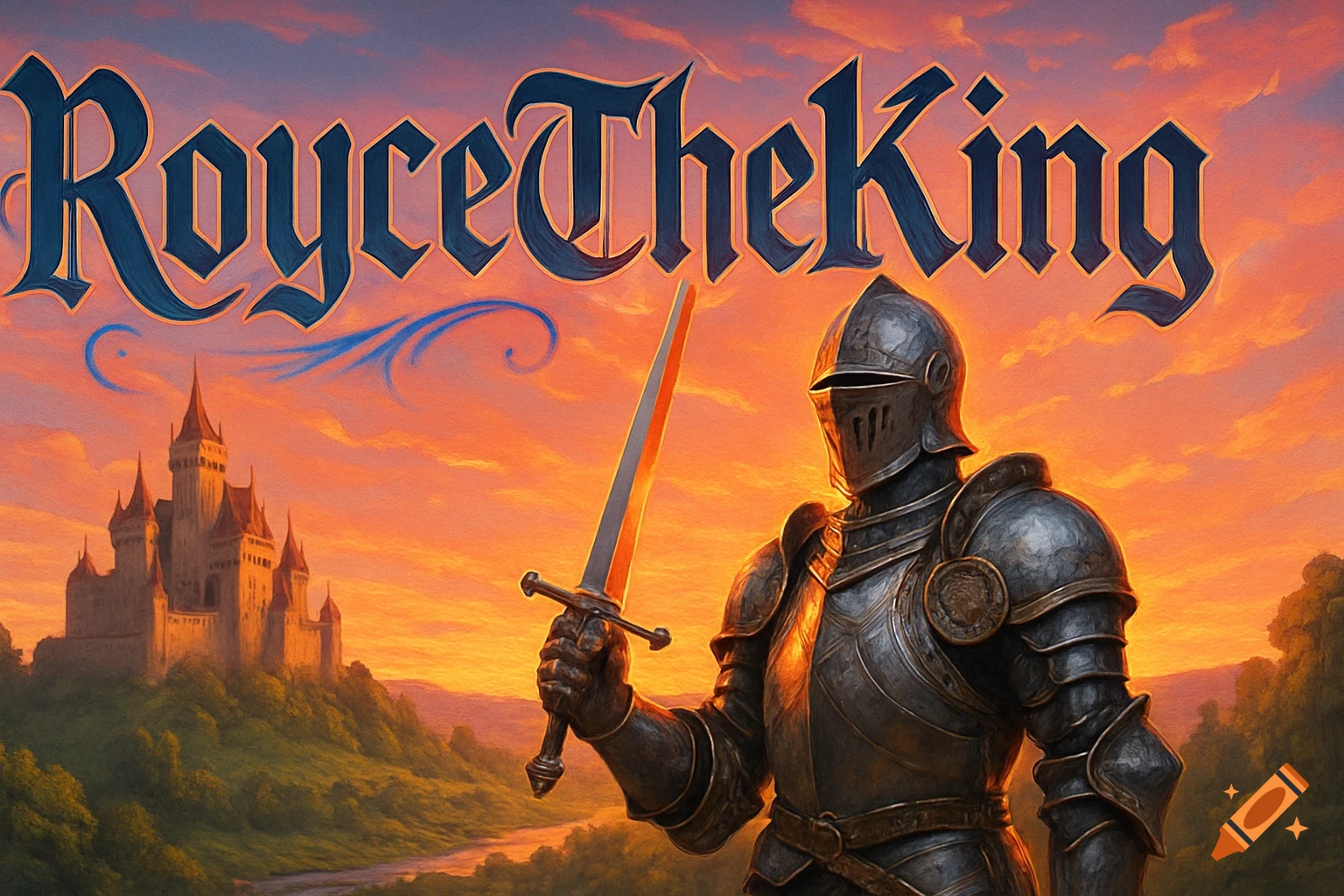 A knight in full plate armor holds a sword against a backdrop of a castle on a hill and a vibrant sunset, with the text "RoyceTheKing" above.