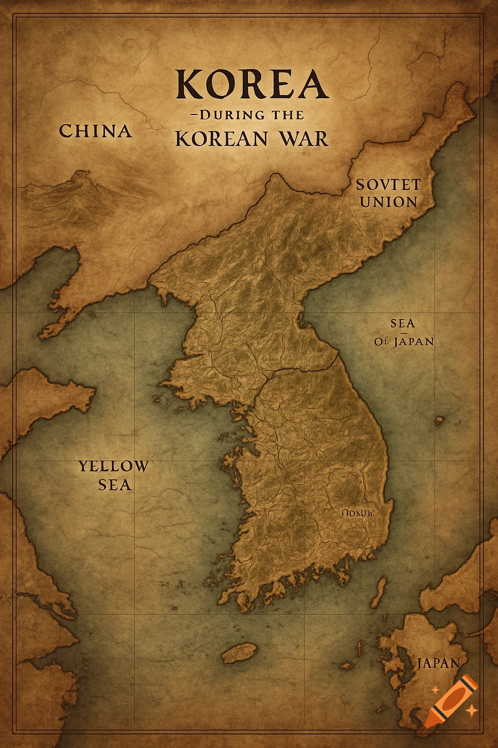An antique-style map showing Korea during the Korean War, with surrounding countries like China, Soviet Union, and Japan, and seas labeled.