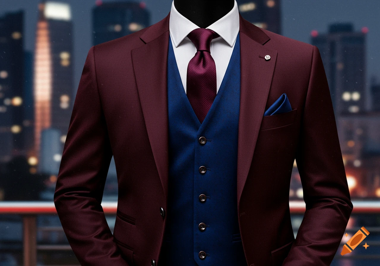 A burgundy suit, blue vest, and burgundy tie with a city skyline in the background.